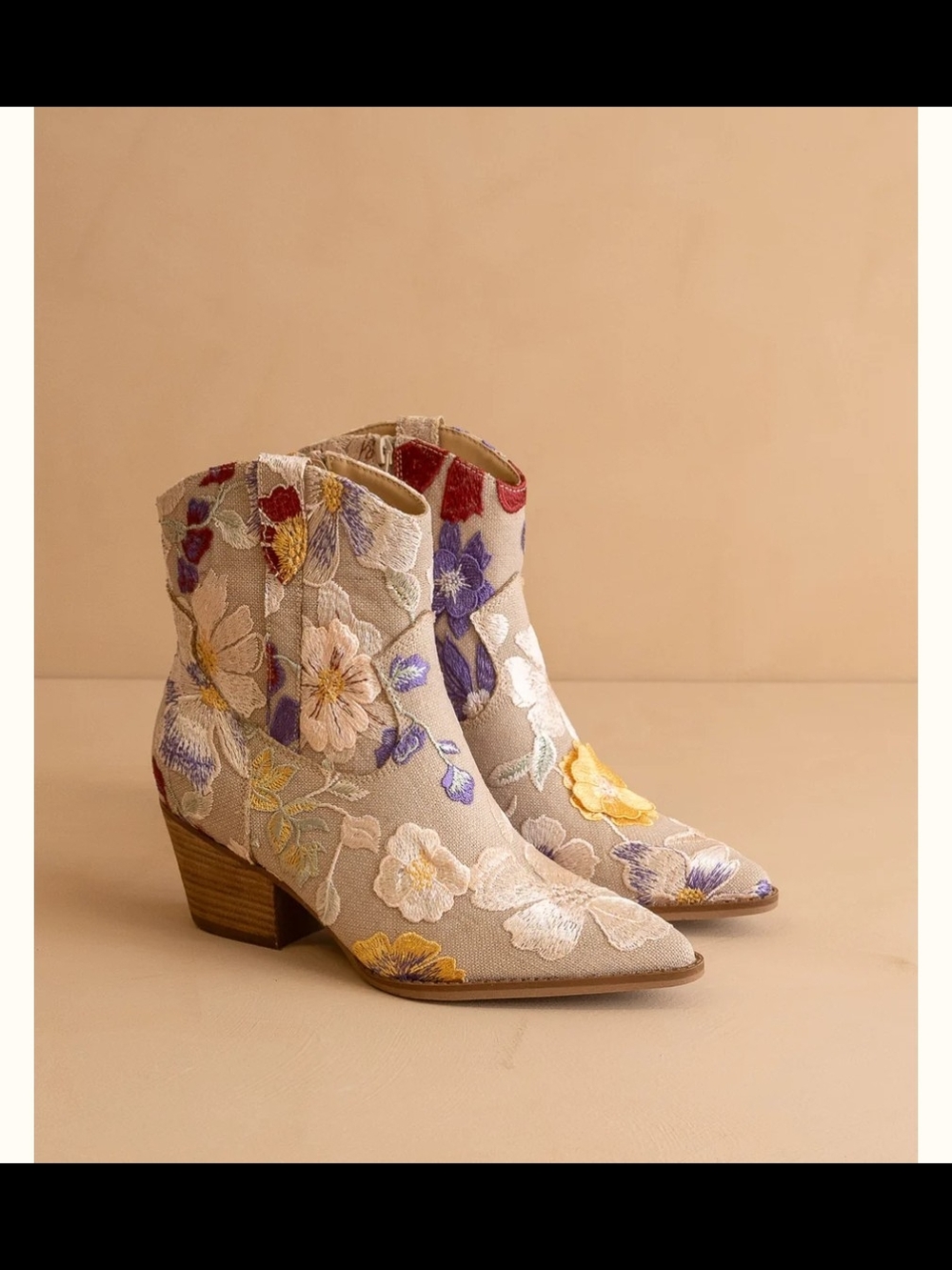 Embroidered Beige Floral Ankle Booties - Picture 2 of 3